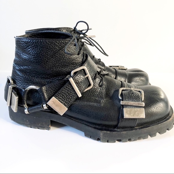 Achilles Ion Gabriel Black Leather Ankle Boots with Silver Buckles - Picture 1 of 9